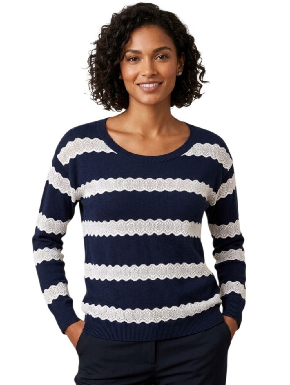 American Eagle Navy Blue White Striped Sweater Scalloped Pointelle Knit Size M